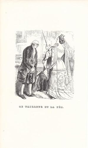 Der Schneider und die Fee, Le tailleur et la fee, Holzstich um 1840, Blattgröße: 23,5 x 13,5 cm, ...