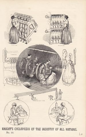 Spinnrad, Spindeln, Knights Cyclopaedia of the industry of all nations, Druckgraphik um 1850 mit ...