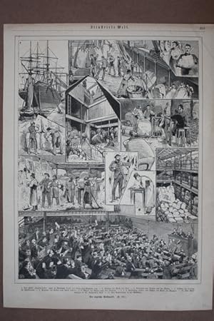 Der englische Wollmarkt, Holzstich um 1880 als Sammelblatt mit 11 Einzelabbildungen, Blattgröße: ...