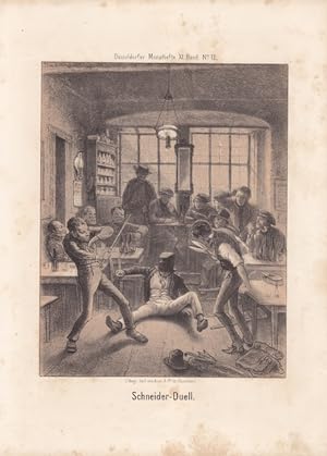 Schneider Duell, humoristische Lithographie um 1860, Blattgröße: 27 x 19,5 cm, reine Bildgröße: 2...