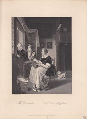 Die Spitzenklöpplerin, The Lacemaker, Stahlstich um 1850 von A.H. Payne nach P.v. Stingeland, Bla...