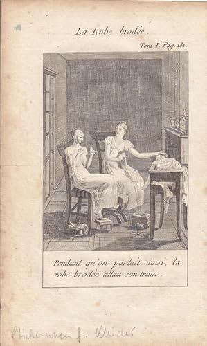 Stickerinnen, Stickerei, schöner Kupserstich um 1810 mit Blick auf zwei stickende Frauen, Blattgr...