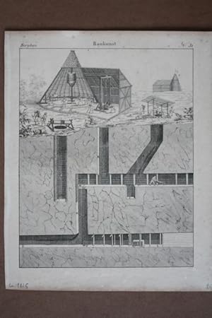Baukunst, Bergbau, Minen, Kupferstich um 1825 mit Querschnitt durch ein Bergwerk, Blattgröße: 28,...