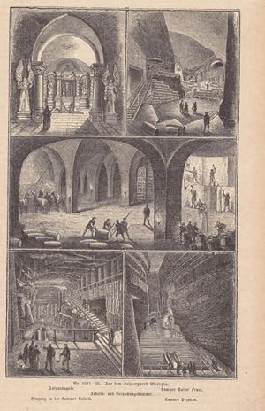 Salzbergwerk Wieliczka, Holzstich um 1870 mit 5 Einzelabbildungen, Blattgröße: 21,5 x 14 cm, rein...