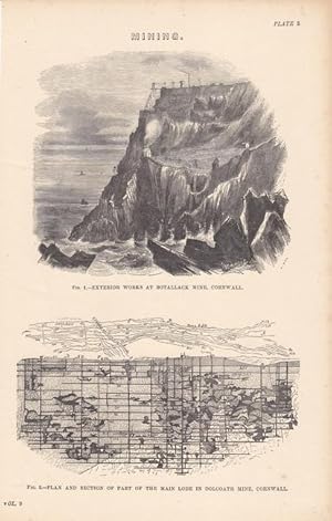 Mining, Cornwall, Stahlstich um 1830 mit 2 Abbildungen, Blattgröße: 24,5 x 15,7 cm, reine Bildgrö...