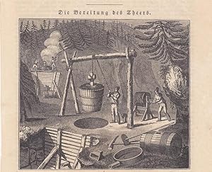 Pechsieder, Die Bereitung des Theers, Holzstich von 1836 mit Blick auf die Arbeiter, Blattgröße: ...