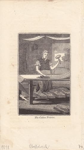 Stoffdruck, The Calico Printer, Kupferstich um 1818 mit Blick in die Werkstatt, Blattgröße: 17,5 ...