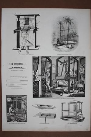 Weber, Webstuhl, großformatiger Holzstich um 1845 mit 7 Einzelabbildungen, Blattgröße: 35 x 25,5 ...