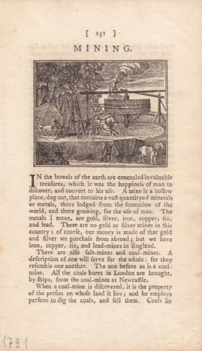 Mining, Minenwesen, Kupferstich um 1791 mit Blick auf das Arbeitsgeschehen, Blattgröße: 17 x 10 c...