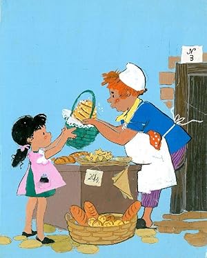 BÄCKEREI. An einer Bäckerladentheke mit Broten und Plätzchen legt eine dicke Bäckersfrau mit Schü...