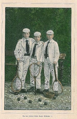 TENNIS. "Die drei ältesten Söhne Kaiser Wilhelms II." mit Tennisschlägern und Bällen.