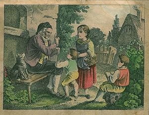 MÄRCHENERZÄHLER. Ein Großvater auf seiner Bank vor dem Haus erzählt drei Kindern ein Märchen.