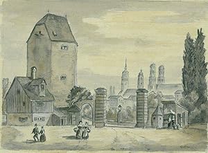 MÜNCHEN. "Blick vom Gasteig gegen die Stadtmitte 1830". Mit figürlicher Staffage.