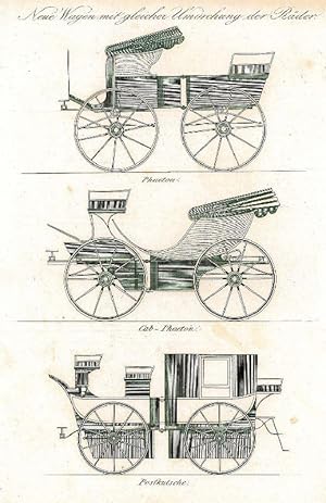 KUTSCHEN. Drei Entwürfe für Kutschen mit gleicher Umdrehung der Räder: Phaeton, Cab-Phaeton und P...