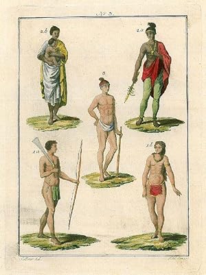 AMERIKA. - Tracht. Fünf Darstellungen von Ureinwohnern auf einem Blatt: Frau und Mann aus Amerika...