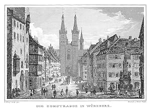 WÜRZBURG. Domgasse mit Rathaus, Vierröhrenbrunnen und Blick auf den Dom mit reicher Staffage.
