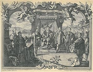 PASSAU. "Passauischer Vertrag" 1552. Karl V. auf einem Thron, umgeben von den Vertragspartnern, l...