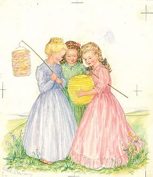 STAHLBERG, EVA MARIA. Mädchengruppe aus drei Mädchen in blauem, grünem und rotem Kleid, stehend b...