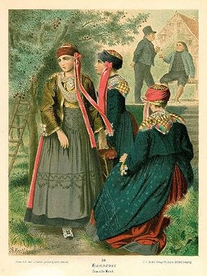 HANNOVER. - Tracht. "Das alte Land". Drei junge Mädchen in farbenfrohen Trachten mit Schellen bei...