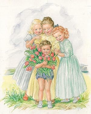 STAHLBERG, EVA MARIA. Kindergruppe aus drei Mädchen und einem kleineren Bub, in blauem, gelbem un...