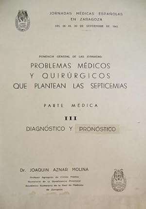 Bild des Verkufers fr Problemas mdicos y quirrgicos que plantean las Septicemias. Parte Mdica. Diagnstico y pronstico. Ponencia en las Jornadas Mdicas Espaolas, celebradas en Zaragoza, Septiembre 1943. zum Verkauf von Hesperia Libros