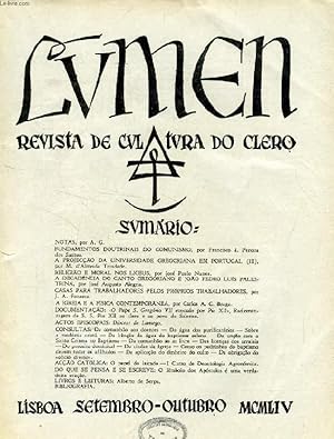 Seller image for LUMEN, REVISTA DE CULTURA DO CLERO, VOL. XVIII, N 9-10, SET.-OUT. 1954 (Sumario: NOTAS, por A. G. FUNDAMENTOS DOUTRINAIS DO COMUNISMO, por Francisco I. Pereira dos Santos. A PROJECO DA UNIVERSIDADE GREGORIANA EM PORTUGAL (III).) for sale by Le-Livre