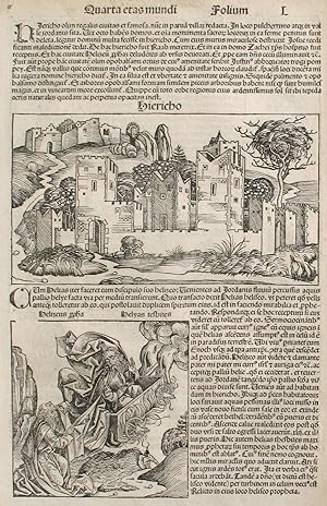 Bild des Verkufers fr Liber chronicarum- Nuremberg Chronicle, an individual page from the Chronicle featuring the City of Jericho, the Ascension of Elijah and Priestly Lineage, Plate No. L. zum Verkauf von Antipodean Books, Maps & Prints, ABAA