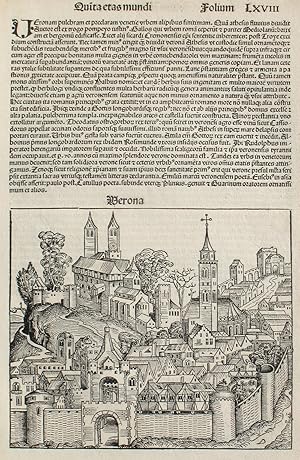 Bild des Verkufers fr Verona, Italy in the Liber chronicarum- Nuremberg Chronicle, an individual page from the Chronicle featuring Verona, and the Beginning of the Kingdom of the Persians, Plate No. LXVIII zum Verkauf von Antipodean Books, Maps & Prints, ABAA