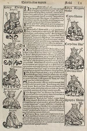 Bild des Verkufers fr Liber chronicarum- Nuremberg Chronicle, an individual page from the Chronicle featuring Lineage of Christ, Athaliah, Lineage of Italian and Israelite Kings, Plate No. LII zum Verkauf von Antipodean Books, Maps & Prints, ABAA