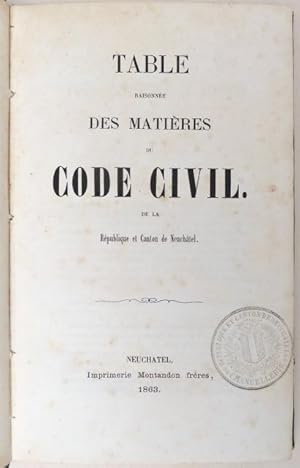 Bild des Verkufers fr Table raisonne des matires du code civil de la Rpublique et Canton de Neuchtel. zum Verkauf von Franz Khne Antiquariat und Kunsthandel