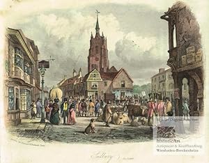 Sudbury. View of the Old Market Place with many people, farmers, soldiers, cattle and sheep. Hand...