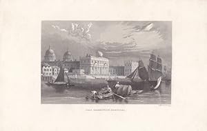 London, Das Greenwich Hospital, Stahlstich um 1840 mit Blick auf Themse und Boote, Blattgröße: 15...