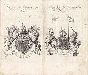 Wappen des Printzens von Wallis, Königl. Groß - Brittanisches Wappen, Kupferstich um 1740 mit bei...