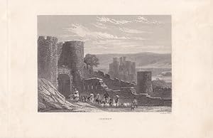 Conway, Stahlstich um 1850 mit Blick auf die Burganlage, Wasserfläche im Bildhintergrund, Blattgr...