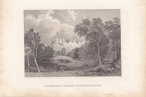 Warkworth-Castle, Northumberland, Stahlstich um 1840 aus der Natur heraus auf das Schloss, Blattg...