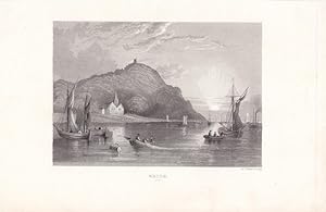 Erith, Stahlstich um 1850 mit Blick in die Landschaft über die eine Wasserfläche mit Booten hinwe...