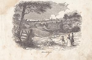 Manchester, Holzstich um 1840 mit Blick auf die Stadtsilhouette aus der Natur heraus, Blattgröße:...