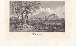 Edinburgh, schöner Stahlstich um 1835 mit der Stadt im Hintergrund und romantischer Schäferszene ...