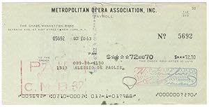 Autograph signature on verso of a Metropolitan Opera Association check in payment for services re...