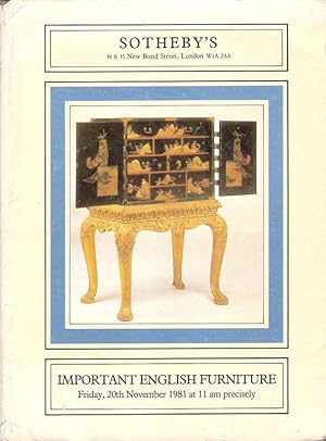 Image du vendeur pour Sotheby's London. Important English furniture. Auktion November 1981. (Auktionskatalog). mis en vente par Brbel Hoffmann