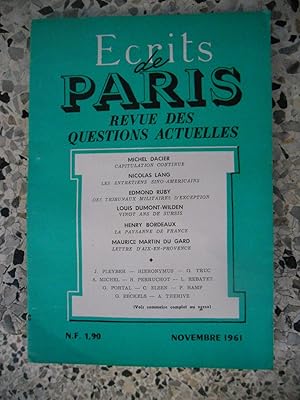 Bild des Verkufers fr Ecrits de Paris - Revue des questions actuelles - N. 198 - Novembre 1961 zum Verkauf von Frederic Delbos