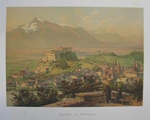 Salzburg mit Untersberg. Chromolithographie n. C.P.C. Köhler aus Haushofer "Die Salzburger Alpen"...