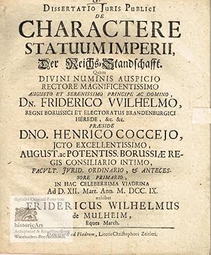 Dissertatio Juris Publici de Charactere Statuum Imperii, Der Reichs=Standschafft. Dissertation de...