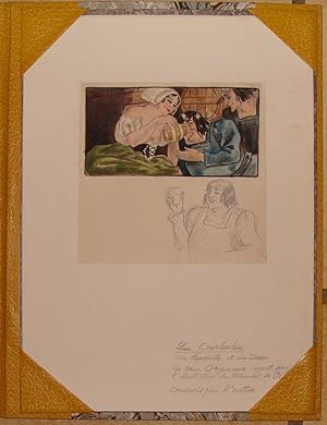 Seller image for LE TESTAMENT DE VILLON. SERVANTE D'AUBERGE A LA POITRINE DENUDEE SERVANT A BOIRE. BUVEUR LEVANT SON VERRE. for sale by Librairie du Chteau de Capens