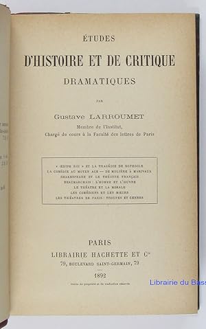 Immagine del venditore per Etudes d'histoire et de critique dramatiques venduto da Librairie du Bassin