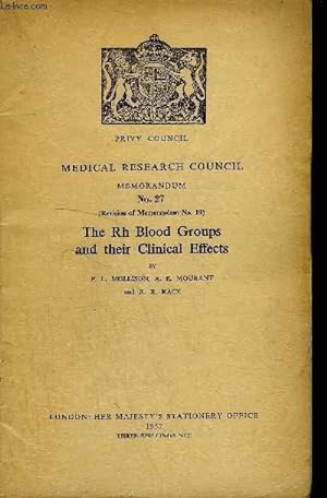 Seller image for MEDICAL RESEARCH COUNCIL MEMORANDUM N27 (revision of memorandum n19) - THE RD BLOOD GROUPS AND THEIR CLINICAL EFFECTS. for sale by Le-Livre