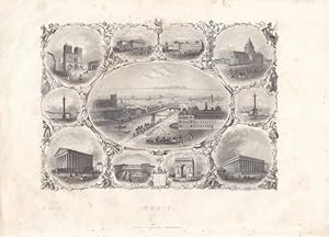 Paris Stadtansicht umrahmt von zehn kleineren Detailansichten, Stahlstich um 1845, Blattgröße: 19...