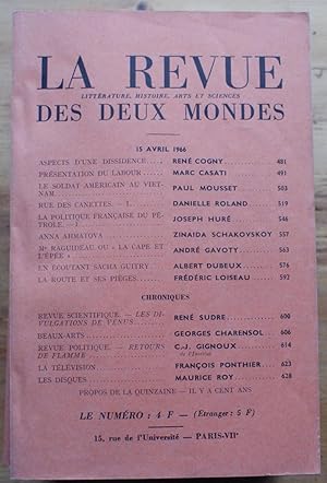 Image du vendeur pour La Revue des Deux Mondes n8 du 15 avril 1966 mis en vente par Aberbroc