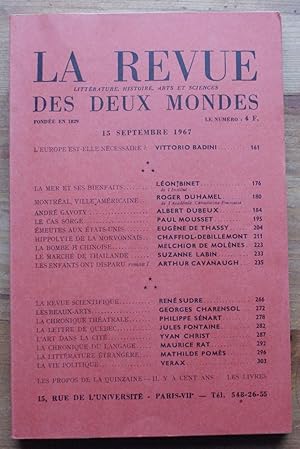 Bild des Verkufers fr La Revue des Deux Mondes n18 du 15 septembre 1967 zum Verkauf von Aberbroc