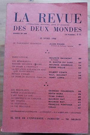 Immagine del venditore per La Revue des Deux Mondes n8 du 15 avril 1968 venduto da Aberbroc